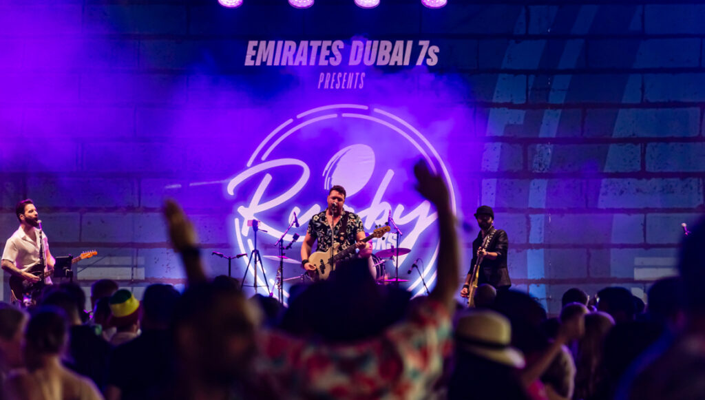 Live music performance at Dubai 7s 2024, adding a festival vibe to the event.