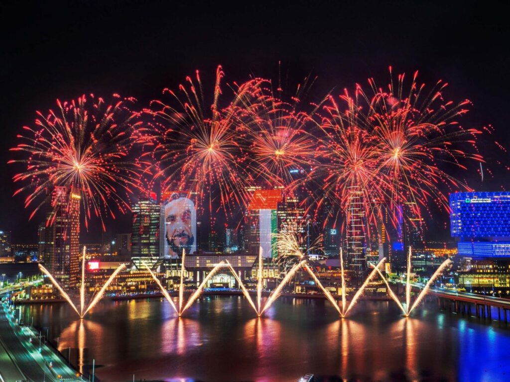 Colorful fireworks lighting up the sky at Yas Marina for UAE National Day celebrations.