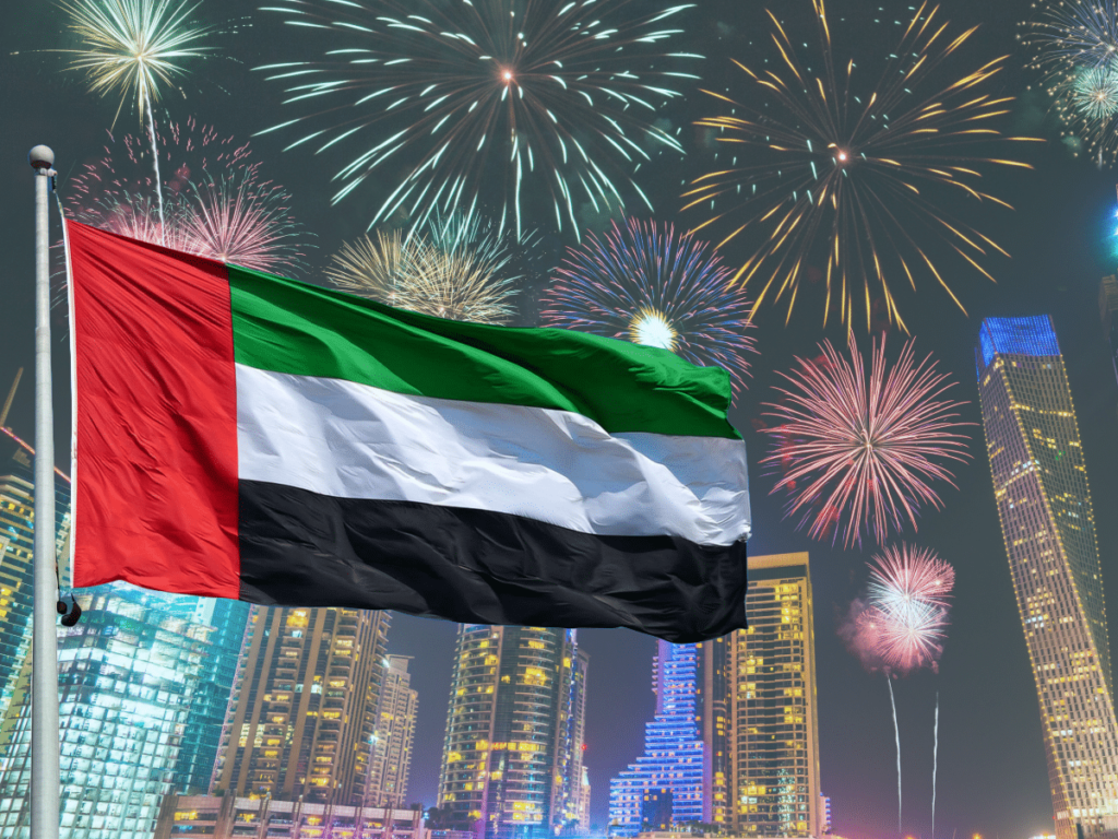 Burj Khalifa illuminated with UAE flag colors for National Day celebrations