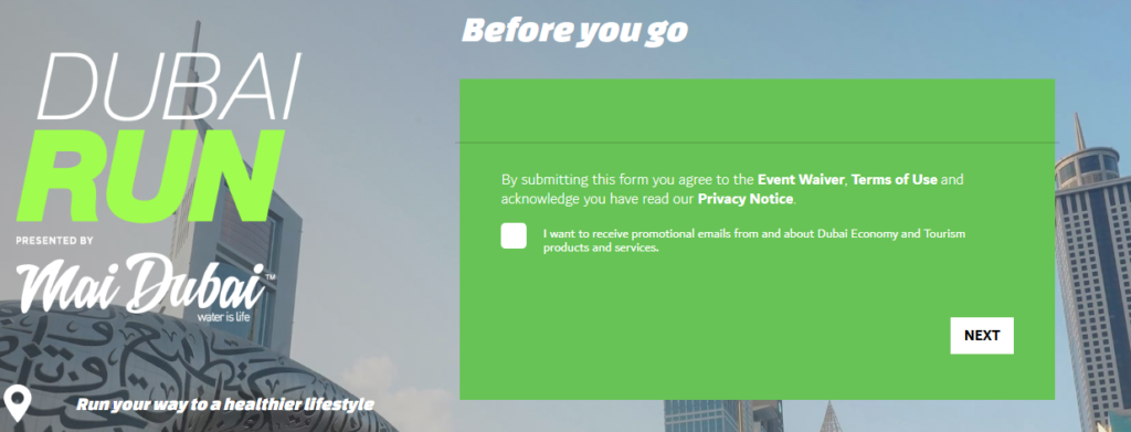 Agreement to Dubai Run 2024 terms and conditions with optional promotional email subscription