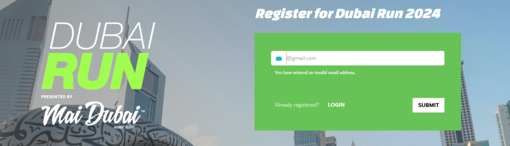 Email entry screen for Dubai Run 2024 registration in Dubai Fitness Challenge 30x30.