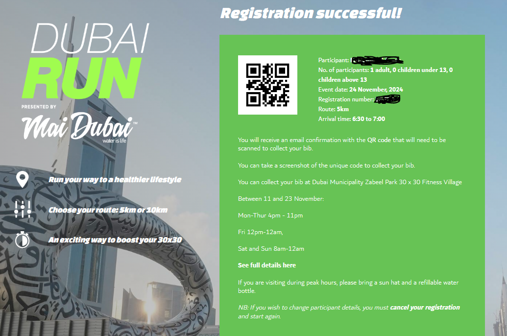 Dubai Run 2024 registration confirmation with QR code and bib collection details at Zabeel Park.