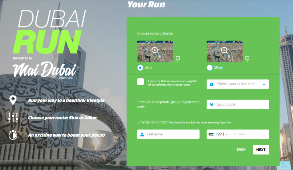 Route selection for Dubai Run 2024 with 5km or 10km options, part of Dubai 30x30 challenge