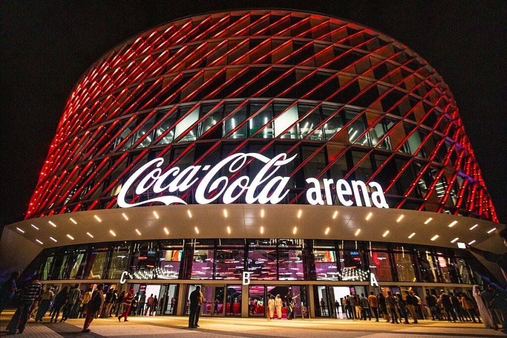 Coca-Cola Arena Dubai hosting a thrilling basketball game between Dubai Basketball and Mornar Barsko Zlato
