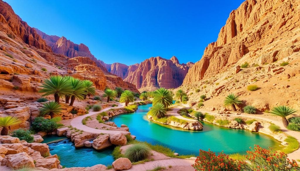 Crystal-clear natural pools and waterfalls at Wadi Shab hiking trail in Oman.