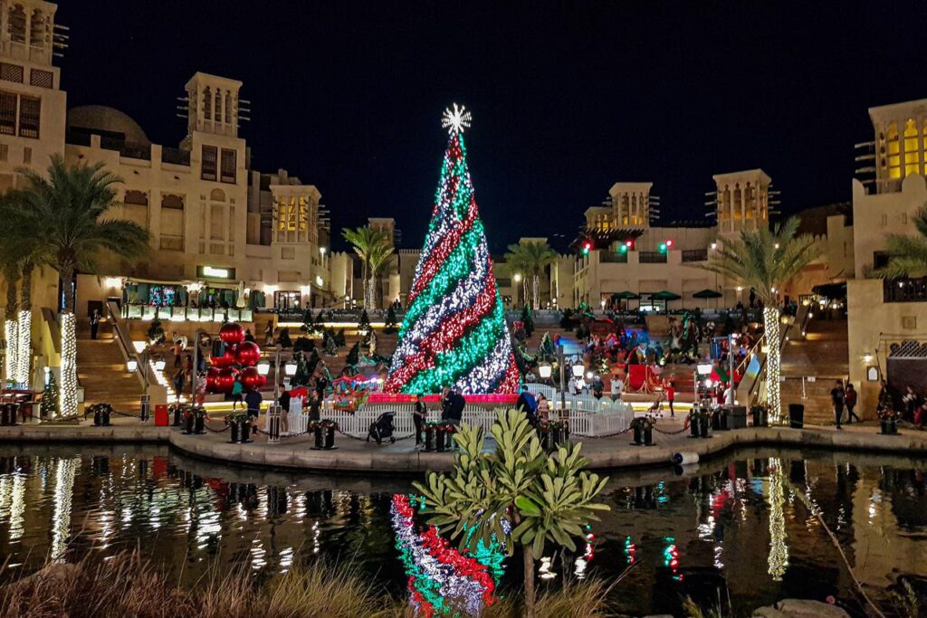 Madinat Jumeirah Christmas market in Dubai 2024 with festive stalls and holiday decorations