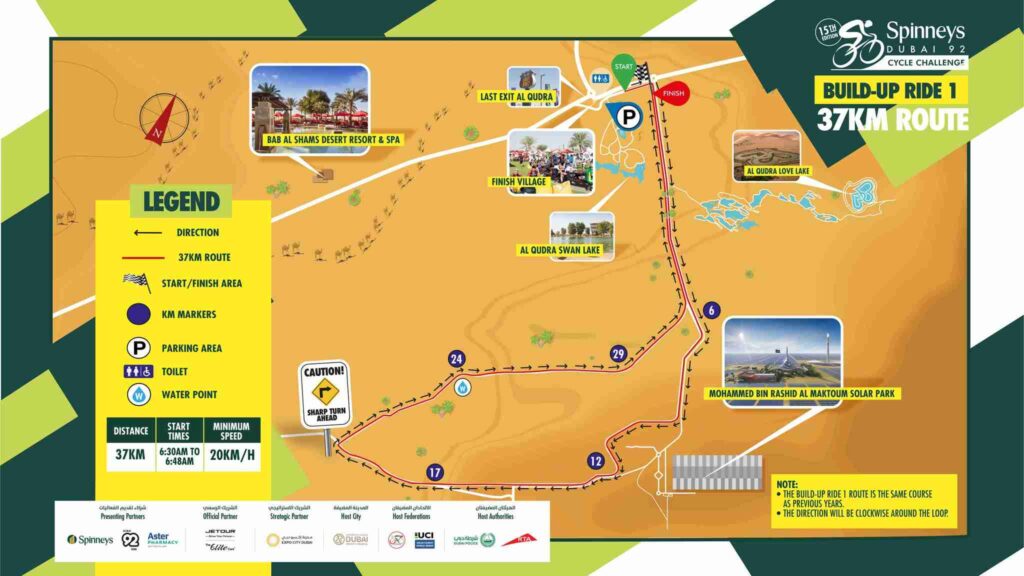 Route map for Build-Up Ride 4 at Al Qudra Cycle Track, part of Spinneys Dubai 92 Cycle Challenge 2025.
