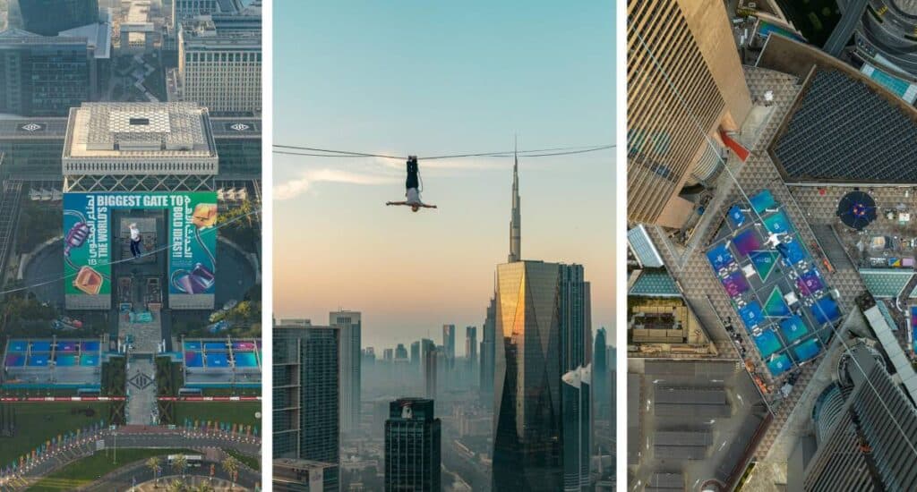 Jaan Roose performing a 224m-high slackline walk at the 1 Billion Followers Summit in Dubai
