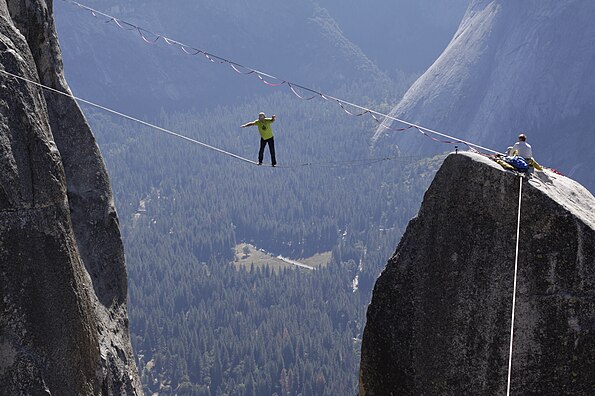 Friedi Kühne and Lukas Irmler crossing a 2,130-meter slackline over Lapporten Valley, Sweden, in July 2021.