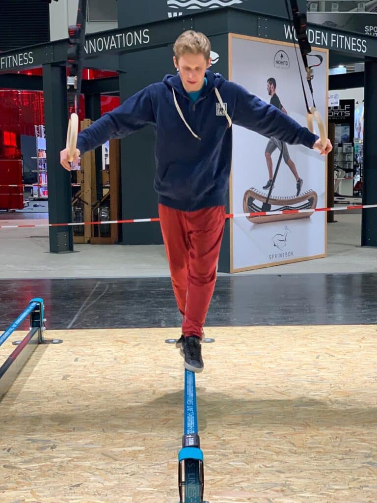 Jaan Roose at ISPO 2019 in Munich, showcasing his passion and dedication to slacklining at one of the world’s biggest sports exhibitions.