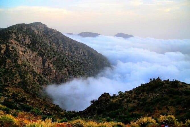 Lush green landscapes of Jabal Sawda, the highest peak and a popular destination for mountain hiking in Saudi Arabia.