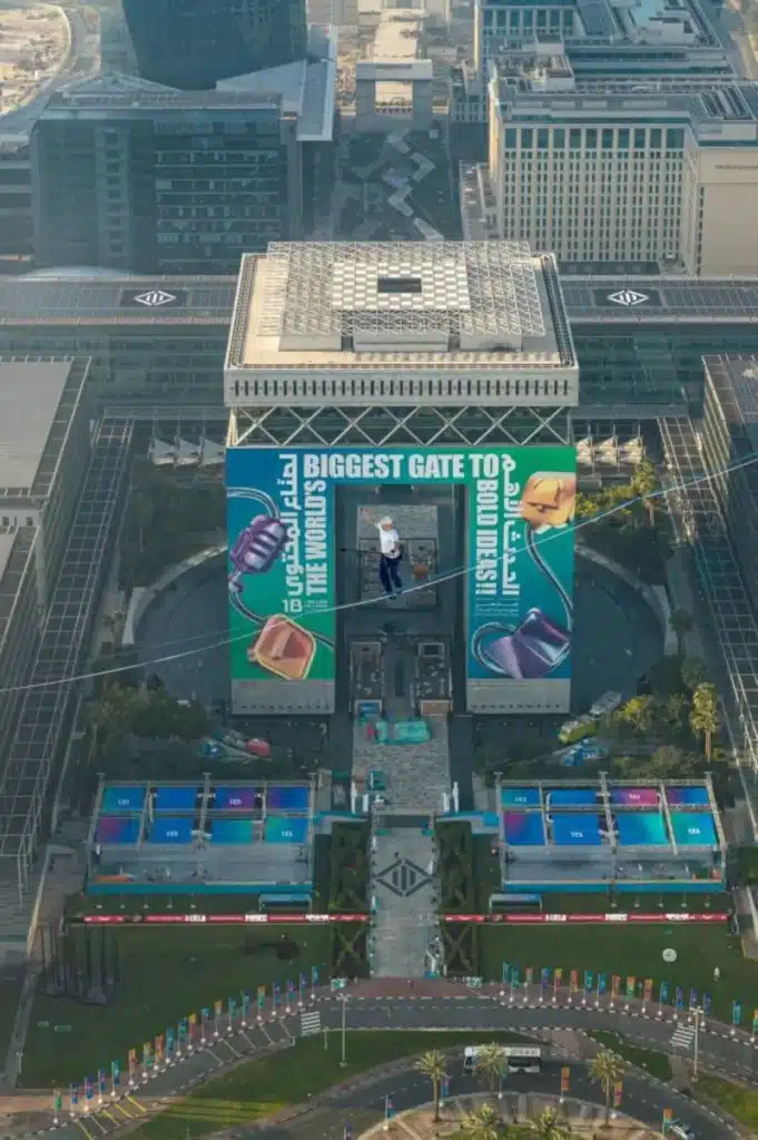 Jaan Roose performing a 224m-high slackline walk at the 1 Billion Followers Summit in Dubai