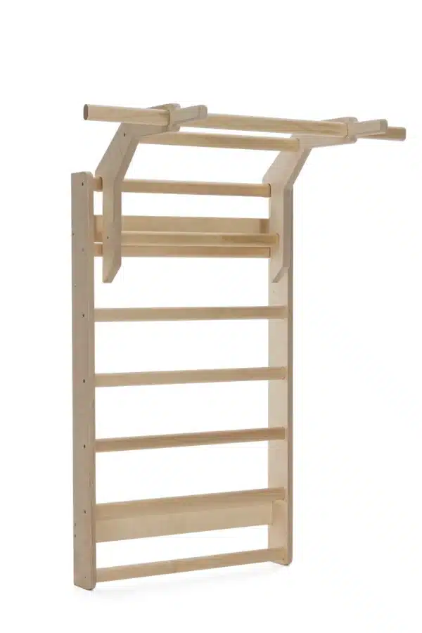 a wooden wall rack with a bar