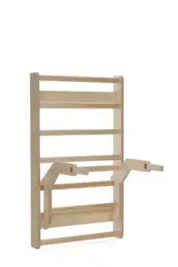 a wooden wall rack with a white background