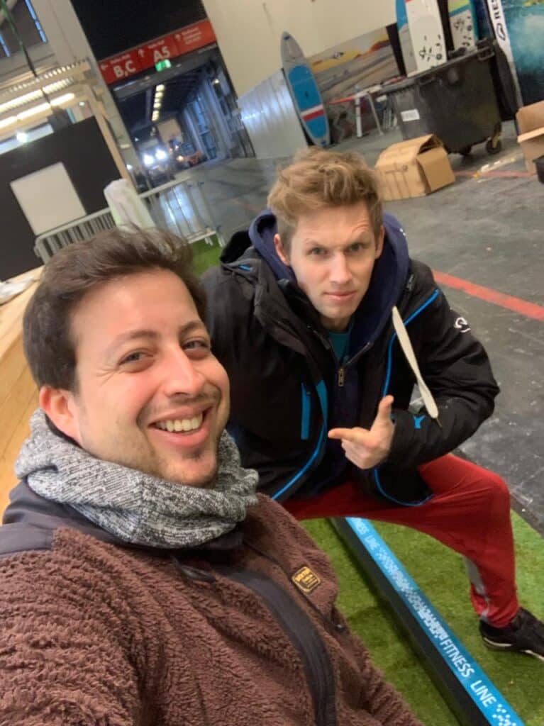 A candid moment: Amr Al Hosaini, Founder & CEO, with Red Bull Athlete Jaan Roose, unwinding after a thrilling day at the exhibition.