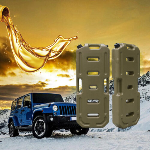Plastic jerry cans stacked for secure fuel storage during overlanding expeditions.
