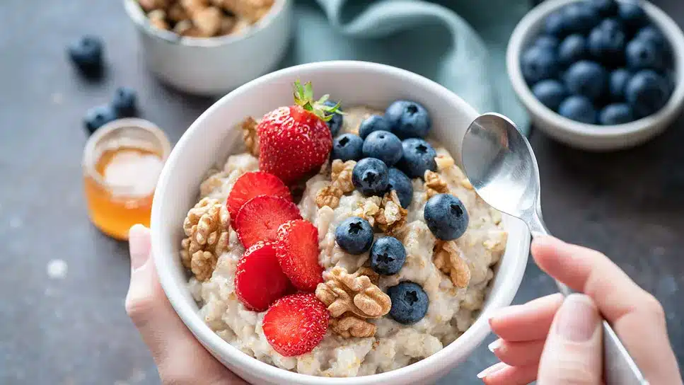 Heart healthy breakfast with oatmeal, nuts, and fresh fruits.