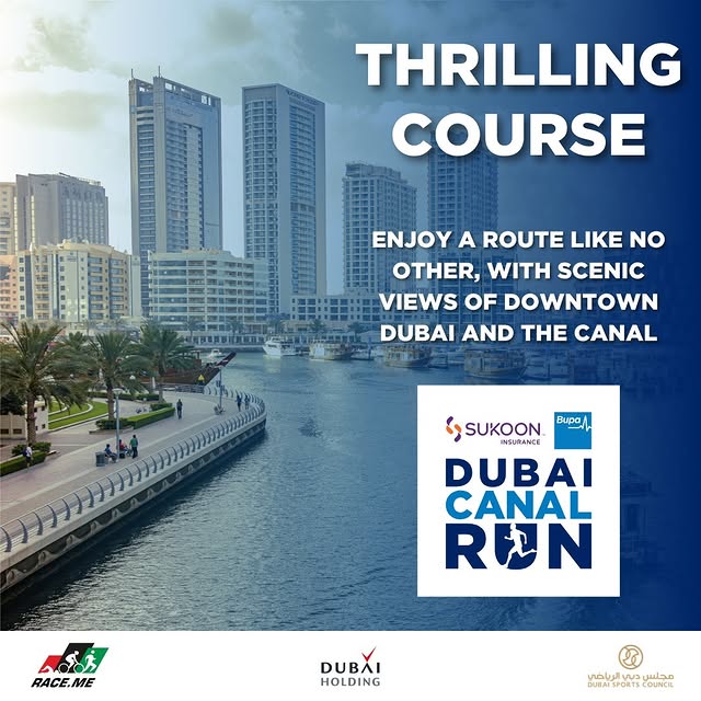 Aerial shot capturing the scenic route and Dubai skyline during the Sukoon & Bupa Global Dubai Canal Run 2025.